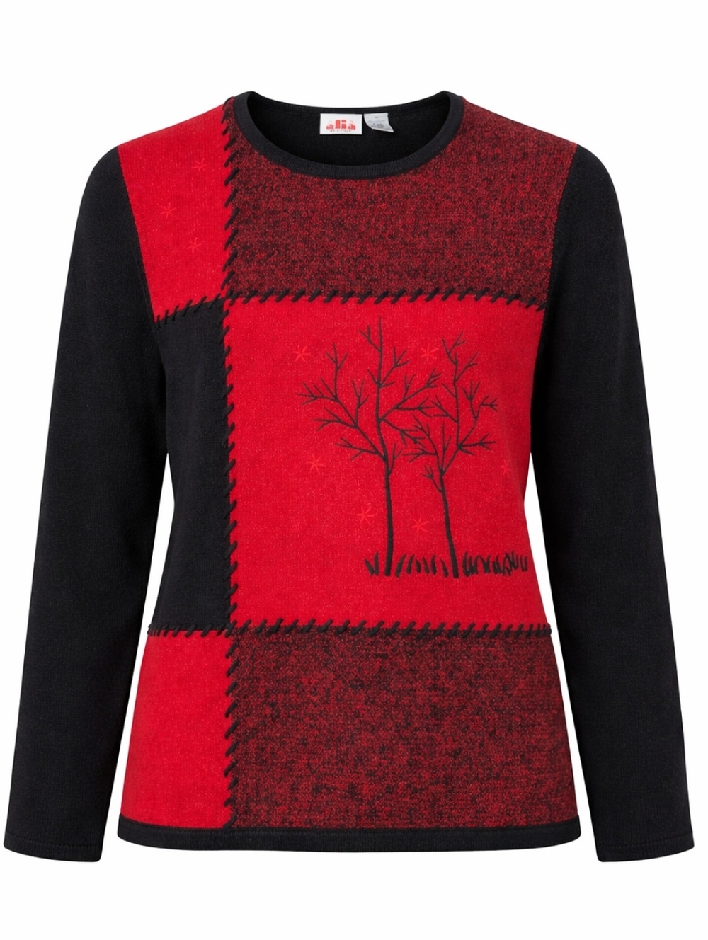 Vintage Alia Patchwork Black And Red Knit Sweater With Tree Embroidery Size M